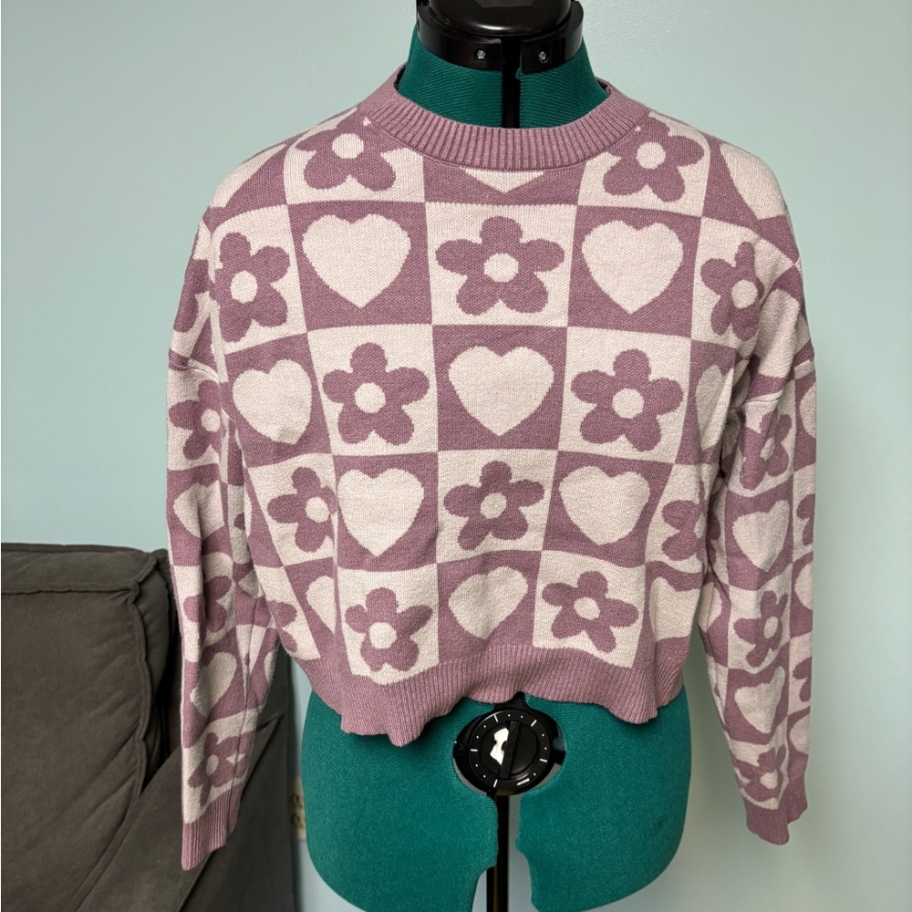 Debut Pink and Cream Crew Neck Sweater with Heart and Floral Pattern